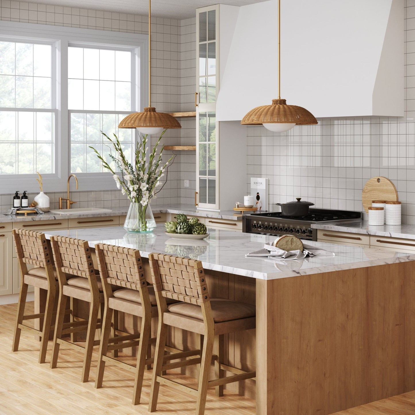 Boho Rattan Pendant Light Fixture with Glass Diffuser