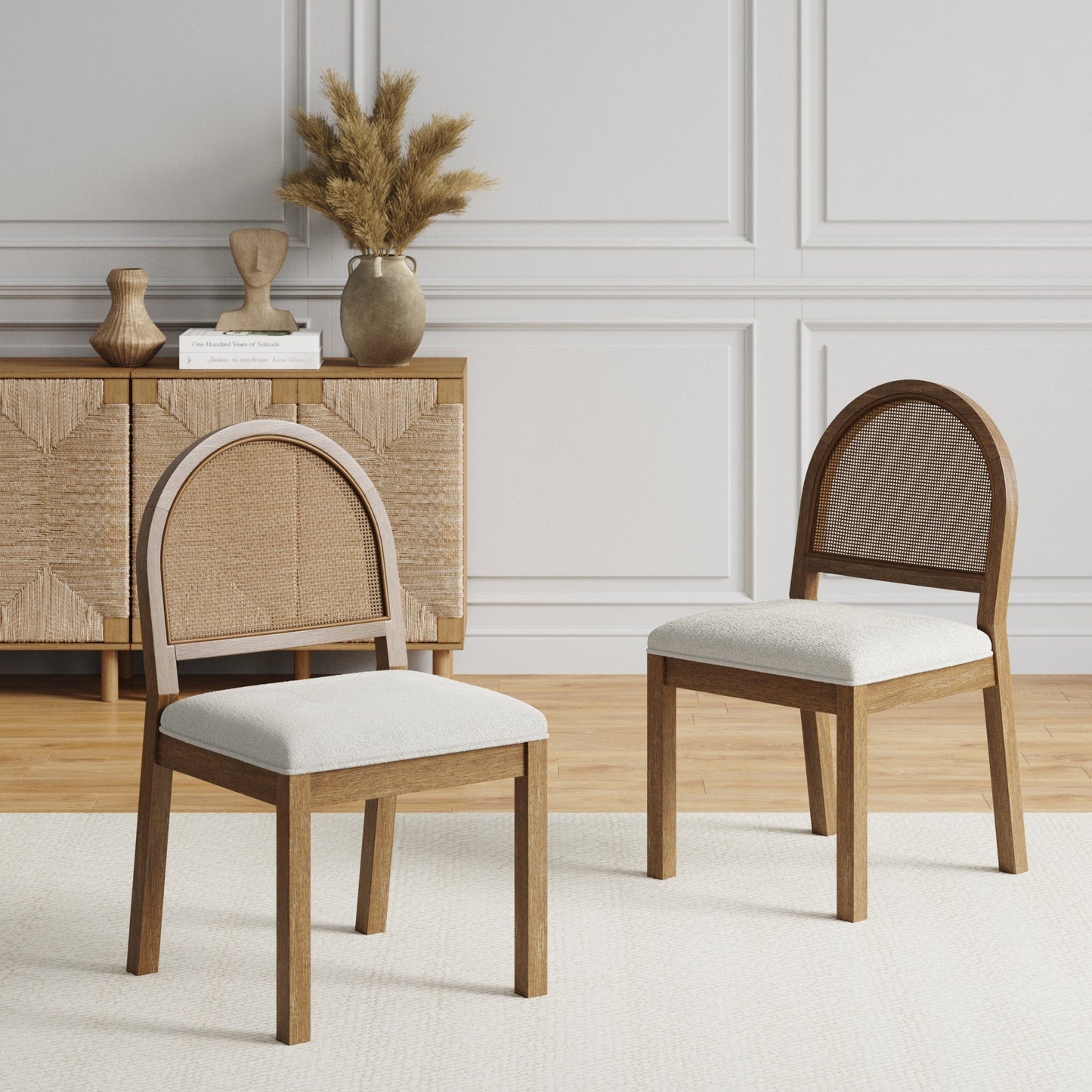 Natural Boucle & Rattan Dining Chairs Light Brown