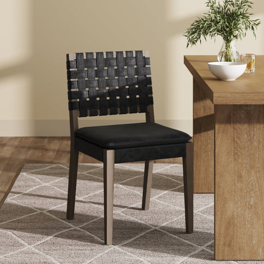 Black Modern Woven Faux Leather Dining Chair