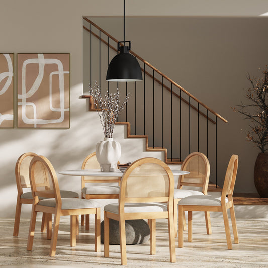 Boucle & Rattan Fabric Dining Chairs Warm Pine