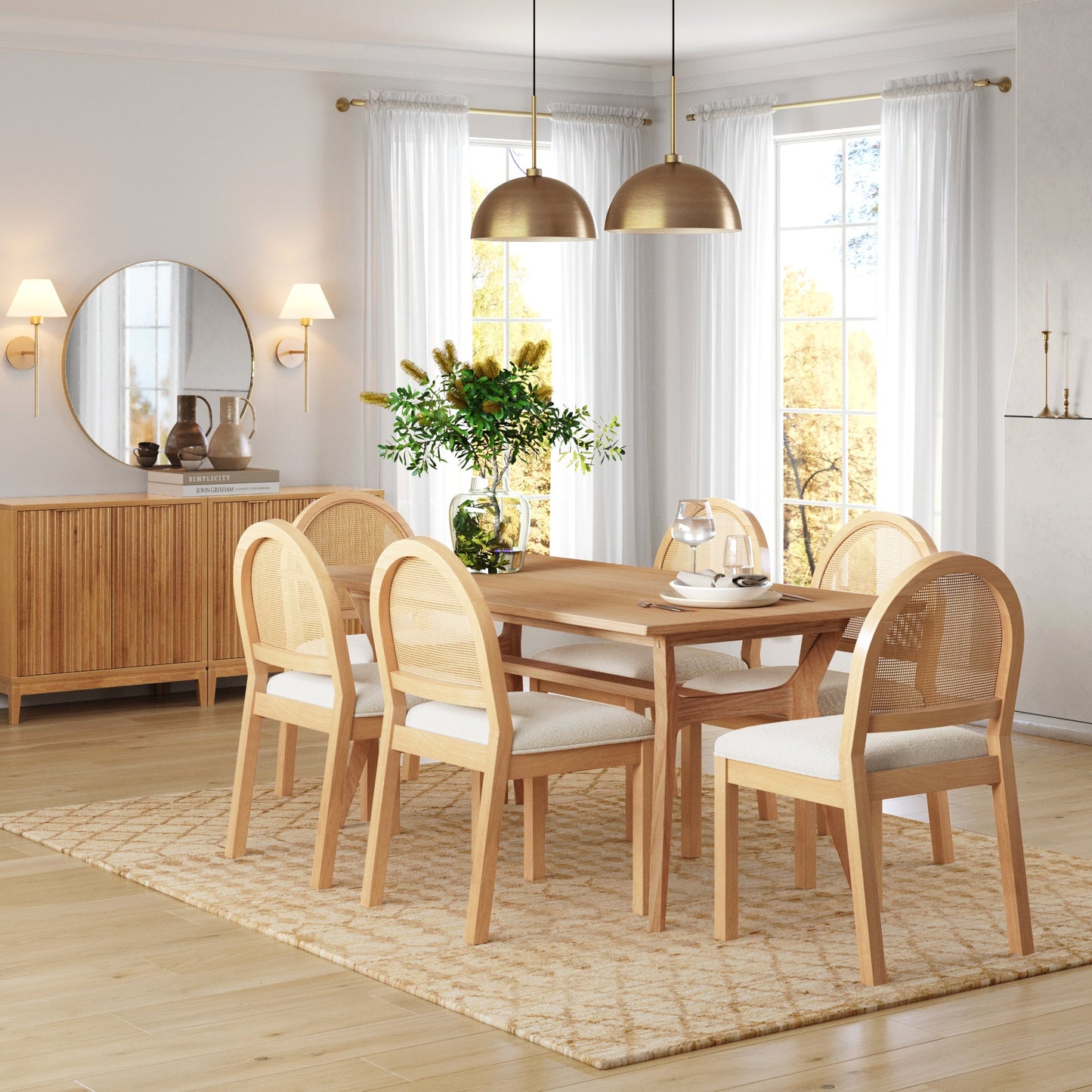 Boucle & Rattan Fabric Dining Chairs Warm Pine