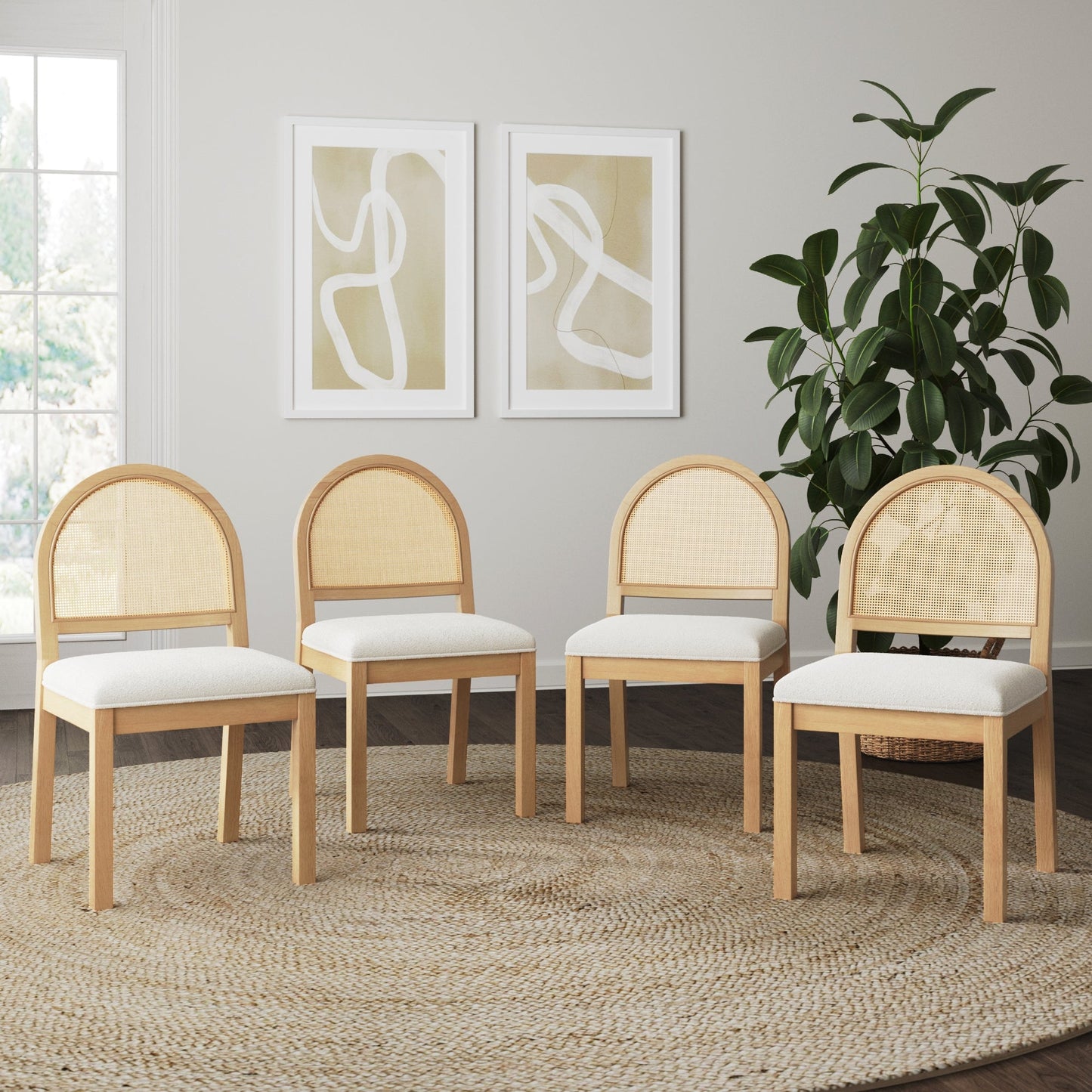 Boucle & Rattan Dining Chairs Warm Pine