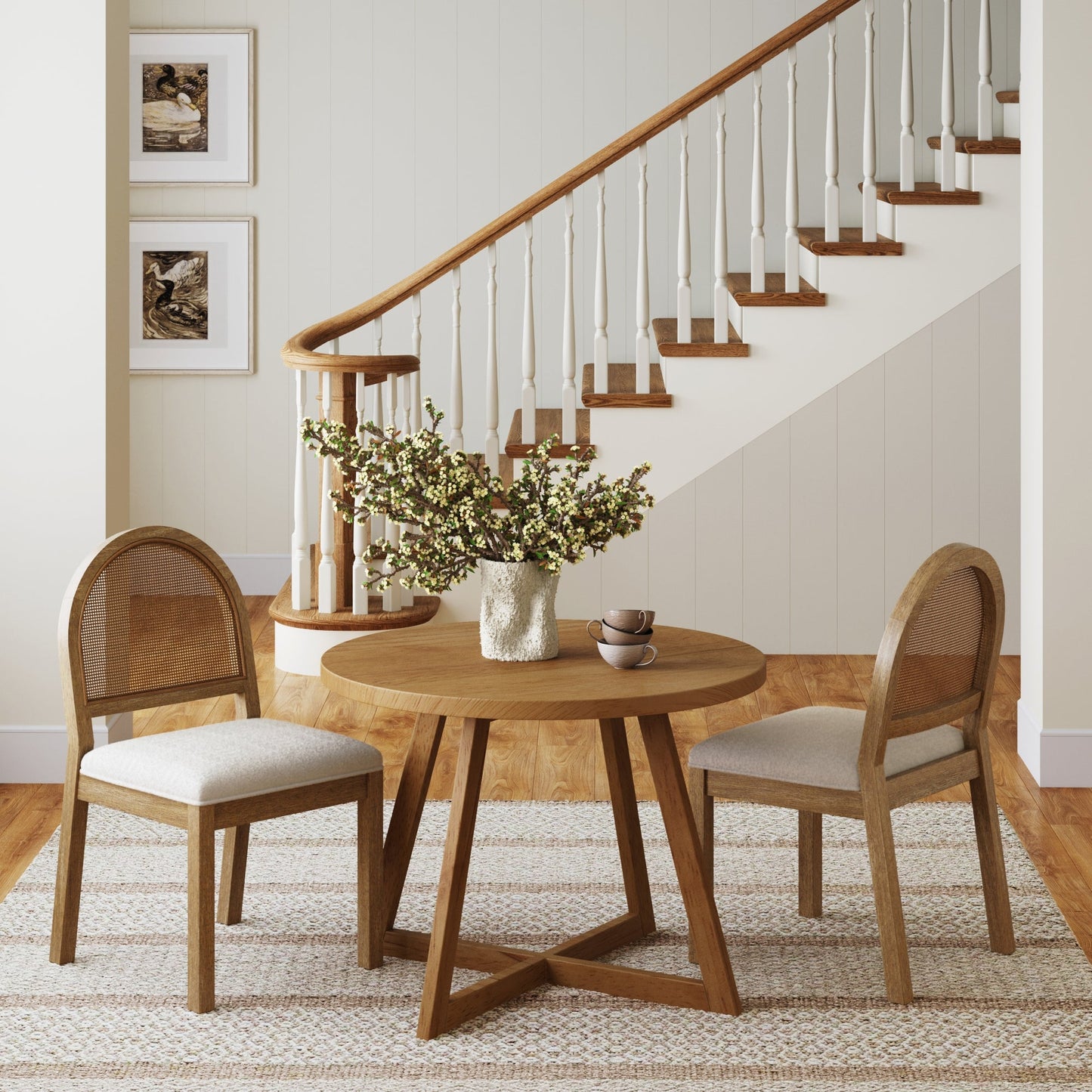 Natural Boucle & Rattan Dining Chairs Light Brown