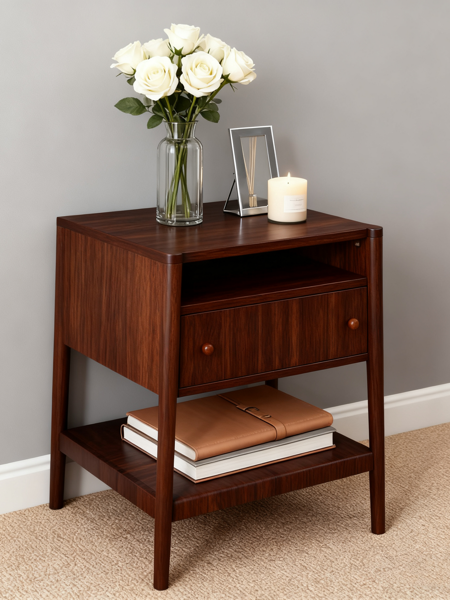 Wood Nightstand with Drawer & Seagrass Storage Raw Oak