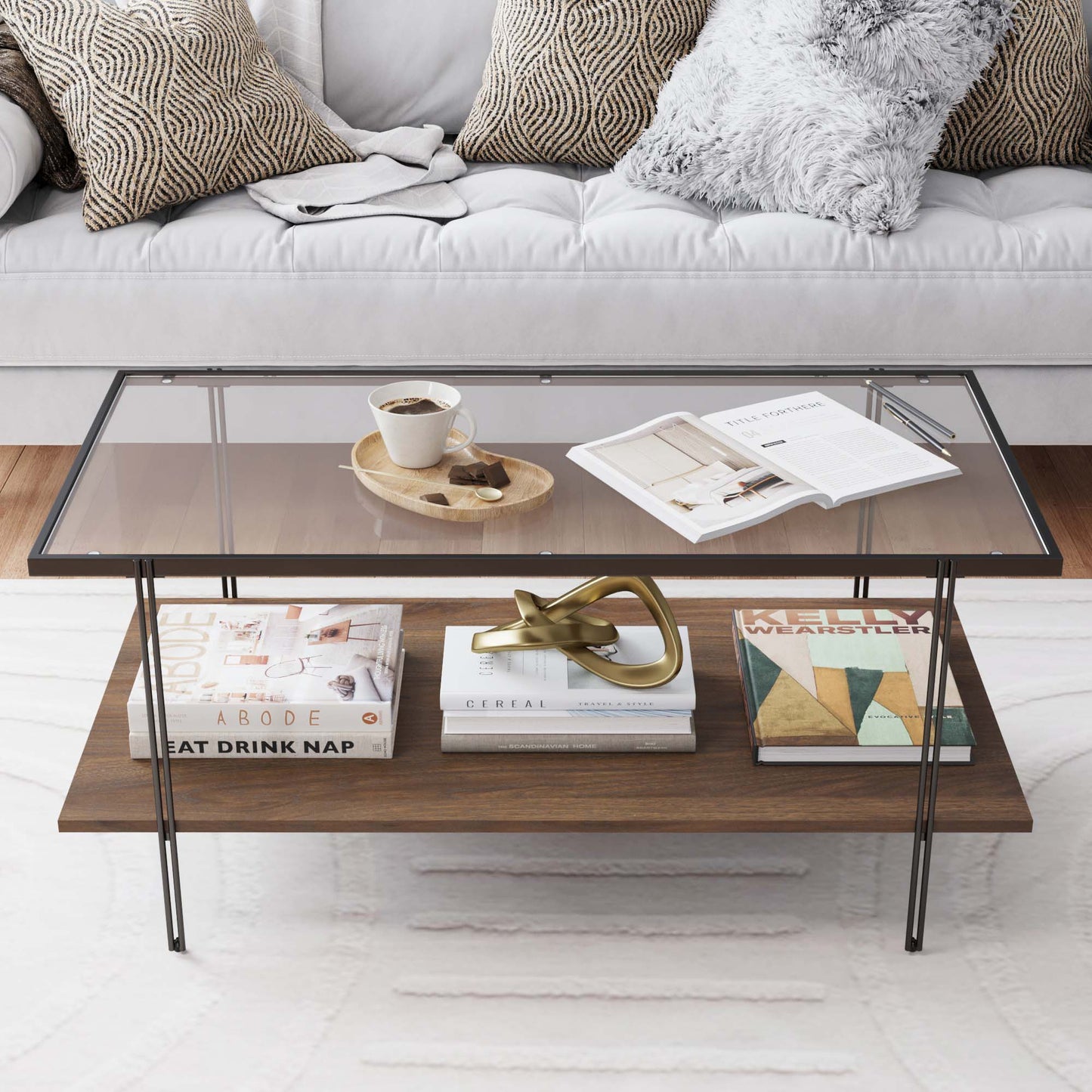 Glass Top Modern Coffee Table Walnut