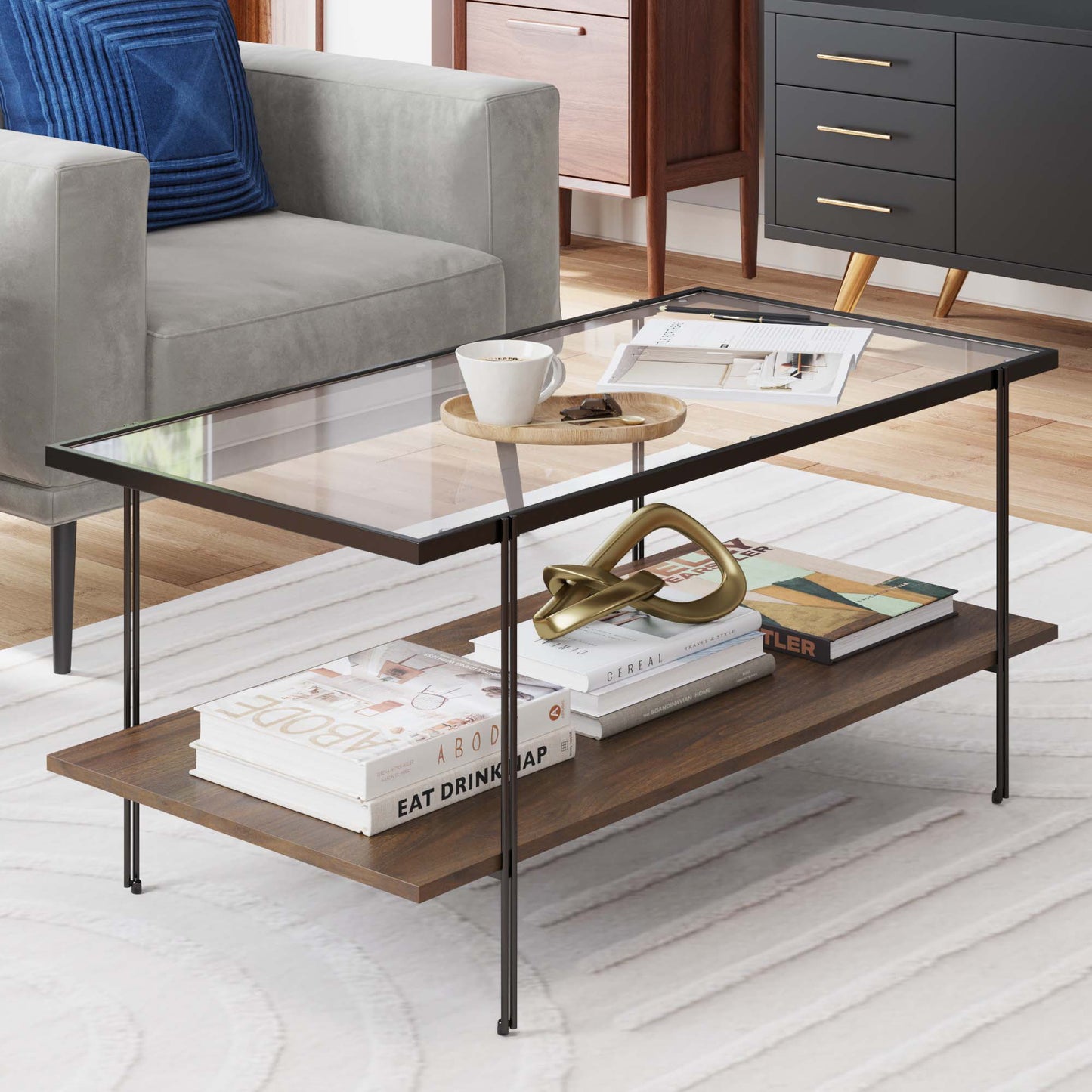Glass Top Modern Coffee Table Walnut