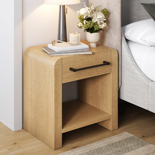 Modern 1-Drawer Nighstand with Metal Handle Light Brown
