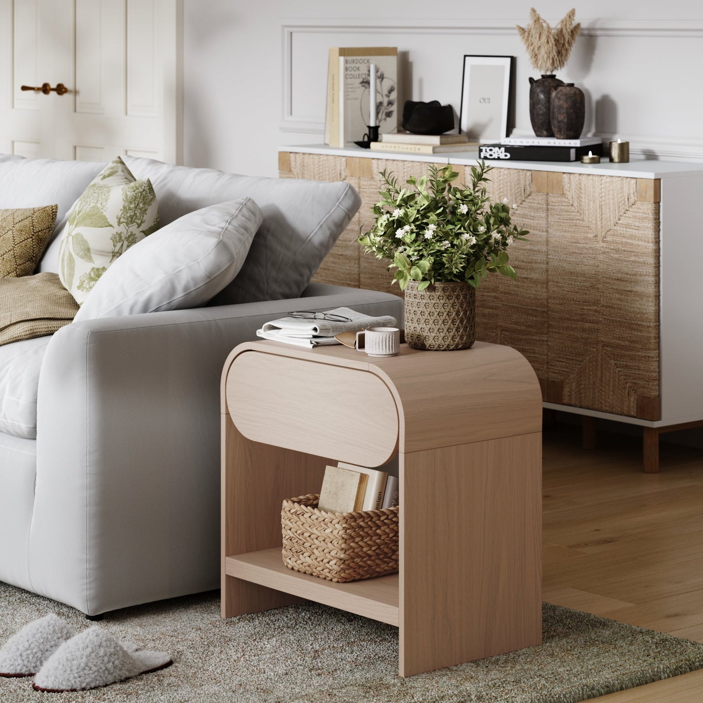 Mid-Century Wood Arched Nightstand Light Oak