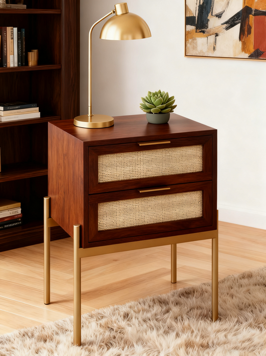 Wood & Rattan 2-Drawer Nightstand