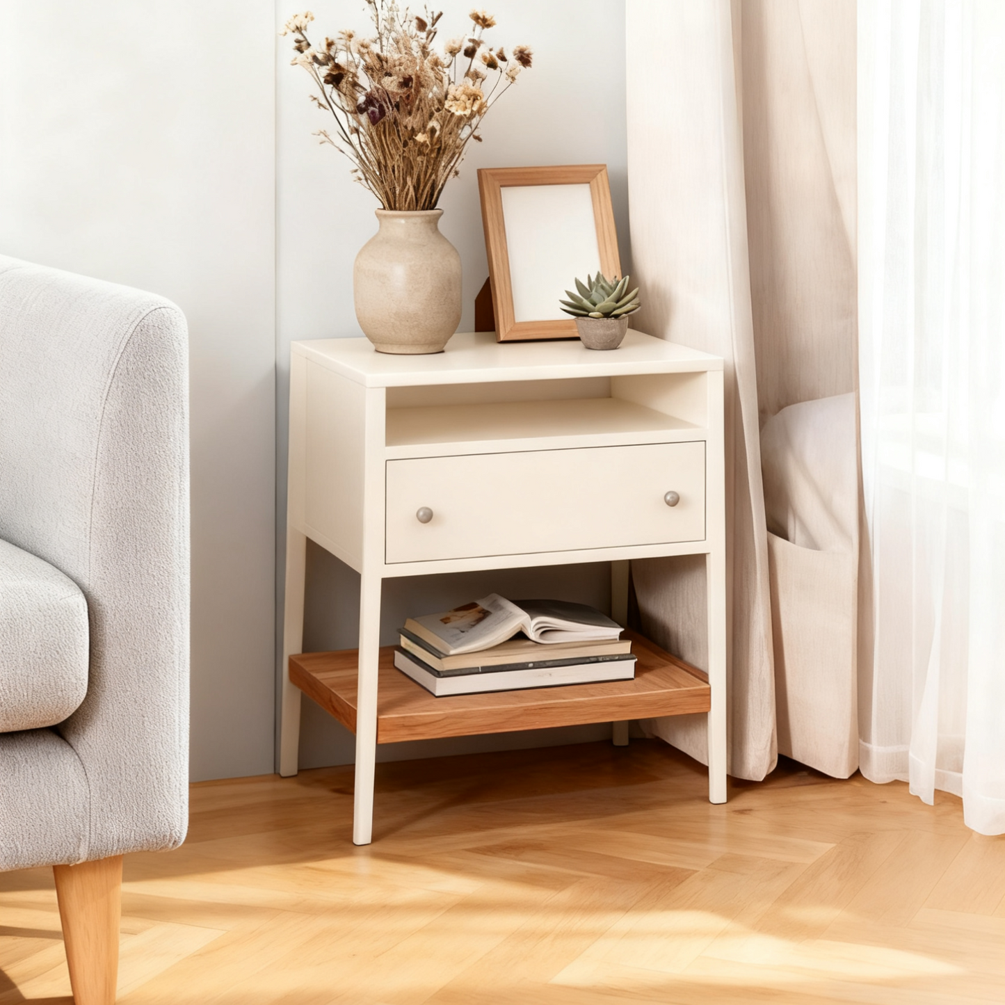 Wood Nightstand with Drawer & Seagrass Storage
