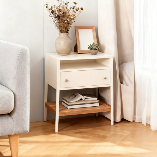 Wood Nightstand with Drawer & Seagrass Storage