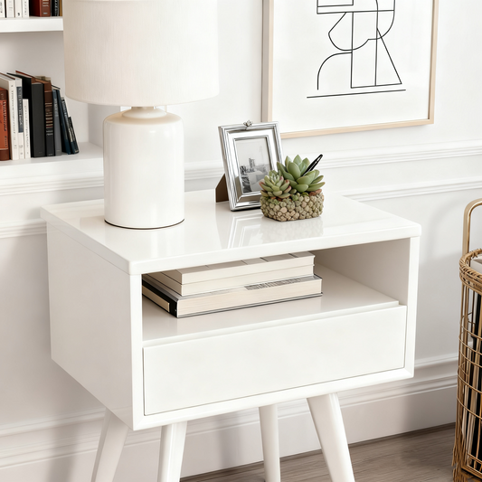 Mid-Century Faux Marble Nightstand with Drawer
