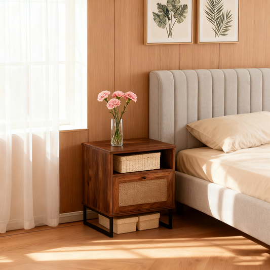 Rattan & Wood Storage Nightstand Walnut